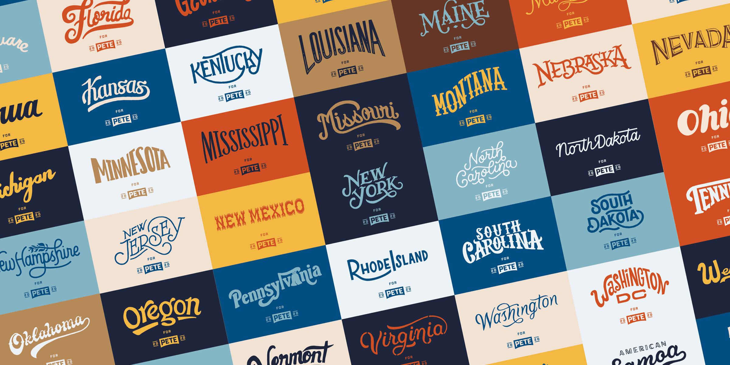 Pete for America — hand lettered state placards for Pete Buttigieg 2020 campaign