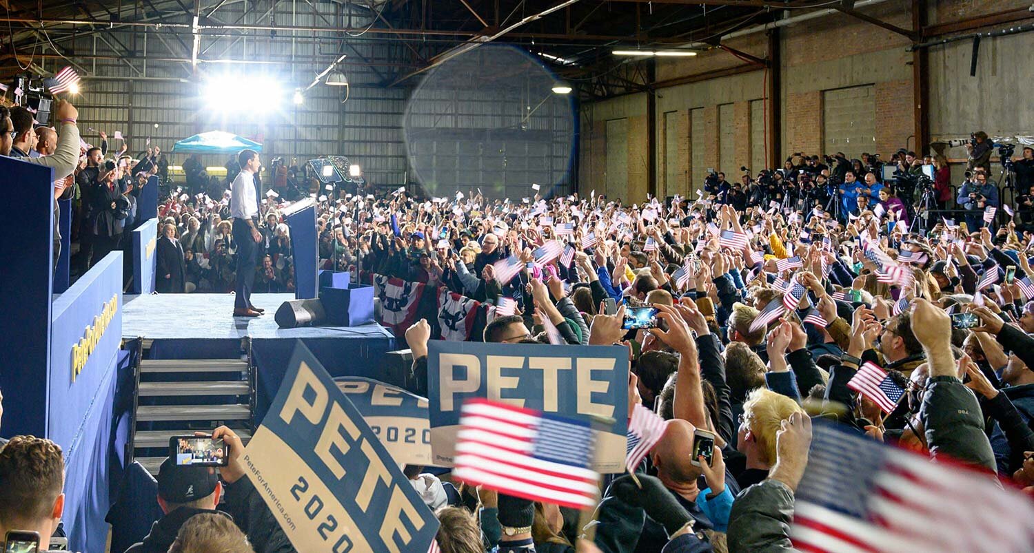 Pete for America — rally event with lettered placards